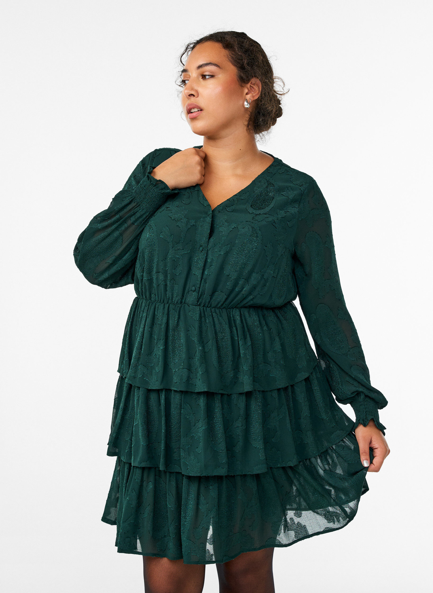 Short dress with ruffles and a textured pattern, Green, Model