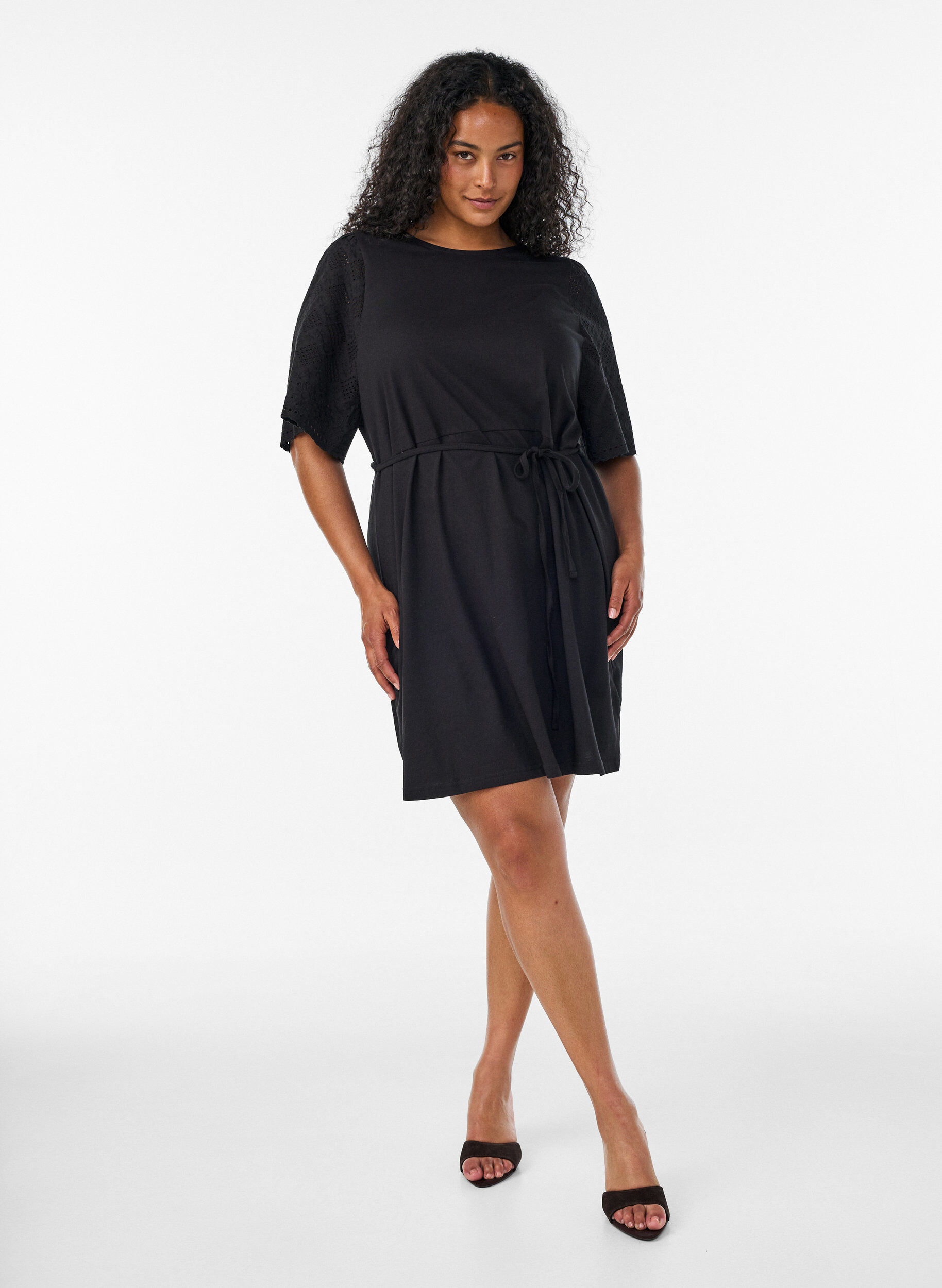Zizzifashion Cotton dress with broderie anglaise sleeves and a tie-waist, Black, Model image number 1