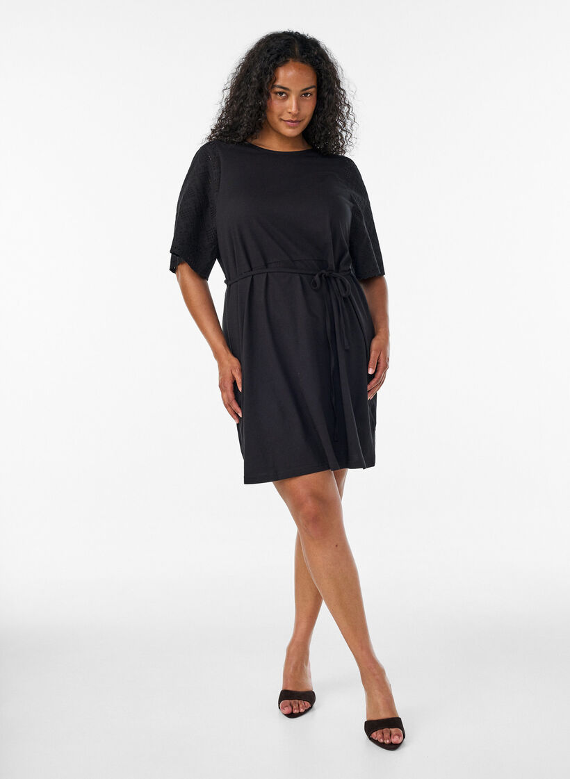 Cotton dress with broderie anglaise sleeves and a tie-waist, Black, Model image number 1