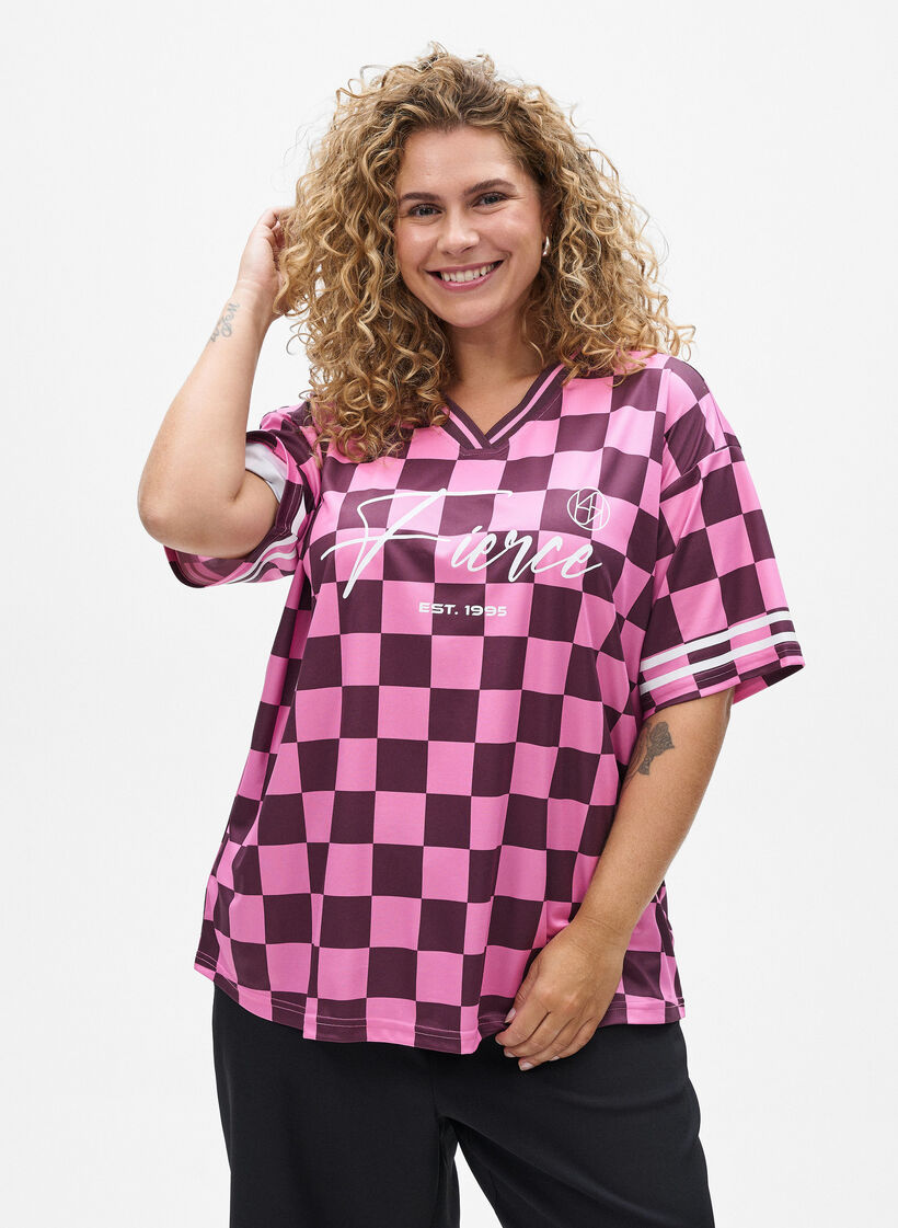 Sporty T-shirt with checks and text print, Red, Model image number 0