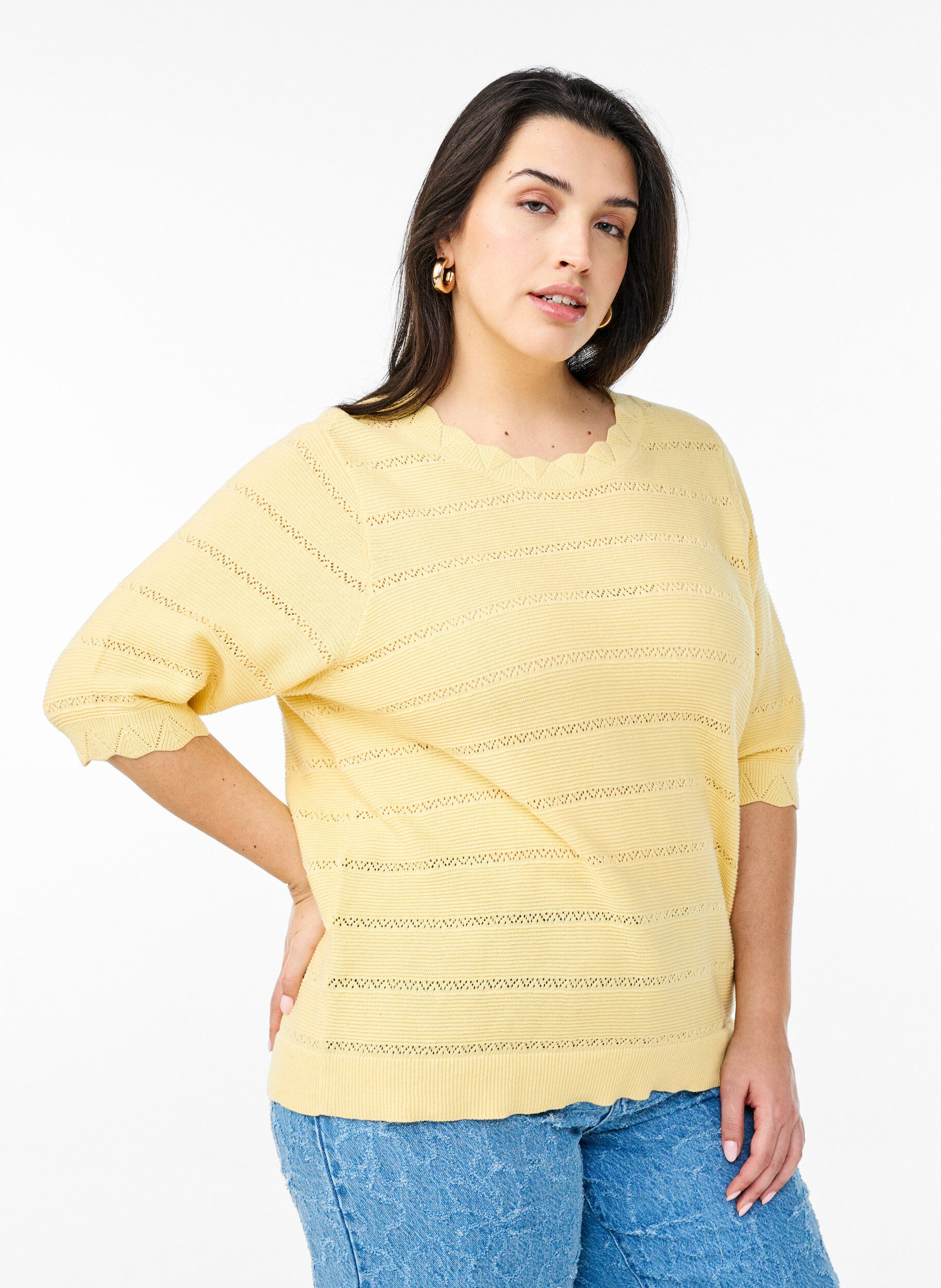 Zizzifashion Knitted blouse with a striped openwork pattern and short sleeves, Yellow, Model image number 0