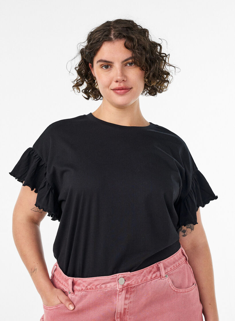 Organic cotton T-shirt with ruffle sleeves, Black, Model image number 0