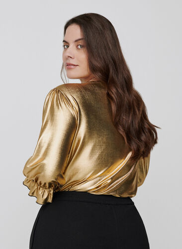 Shiny blouse with 3/4 length puff sleeves, Gold, Model image number 1
