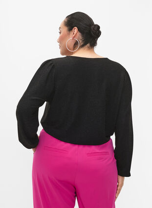Glitter blouse with puff sleeves, Black Black, Model image number 1