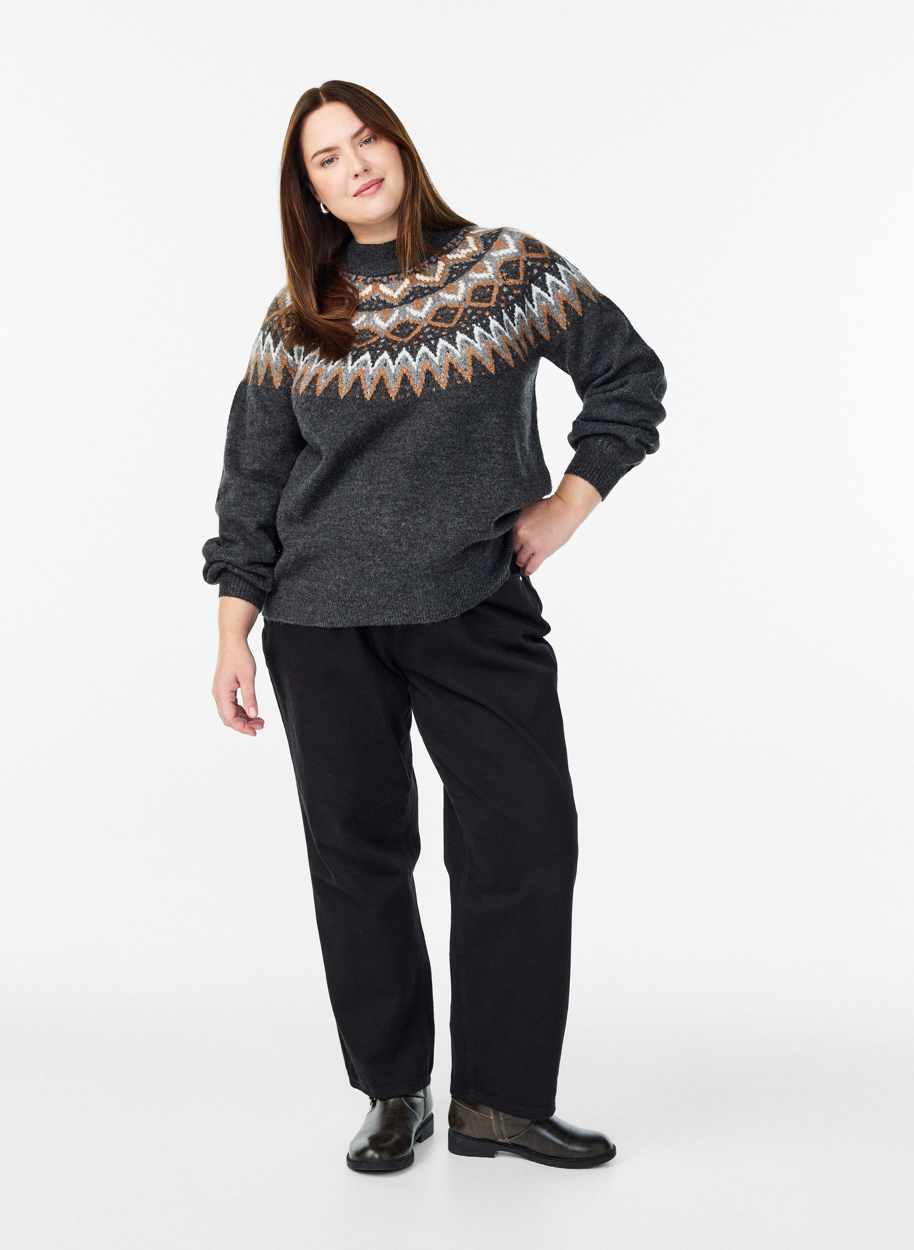 Zizzifashion Knit blouse with pattern and high neck, Dark Grey, Model image number 1