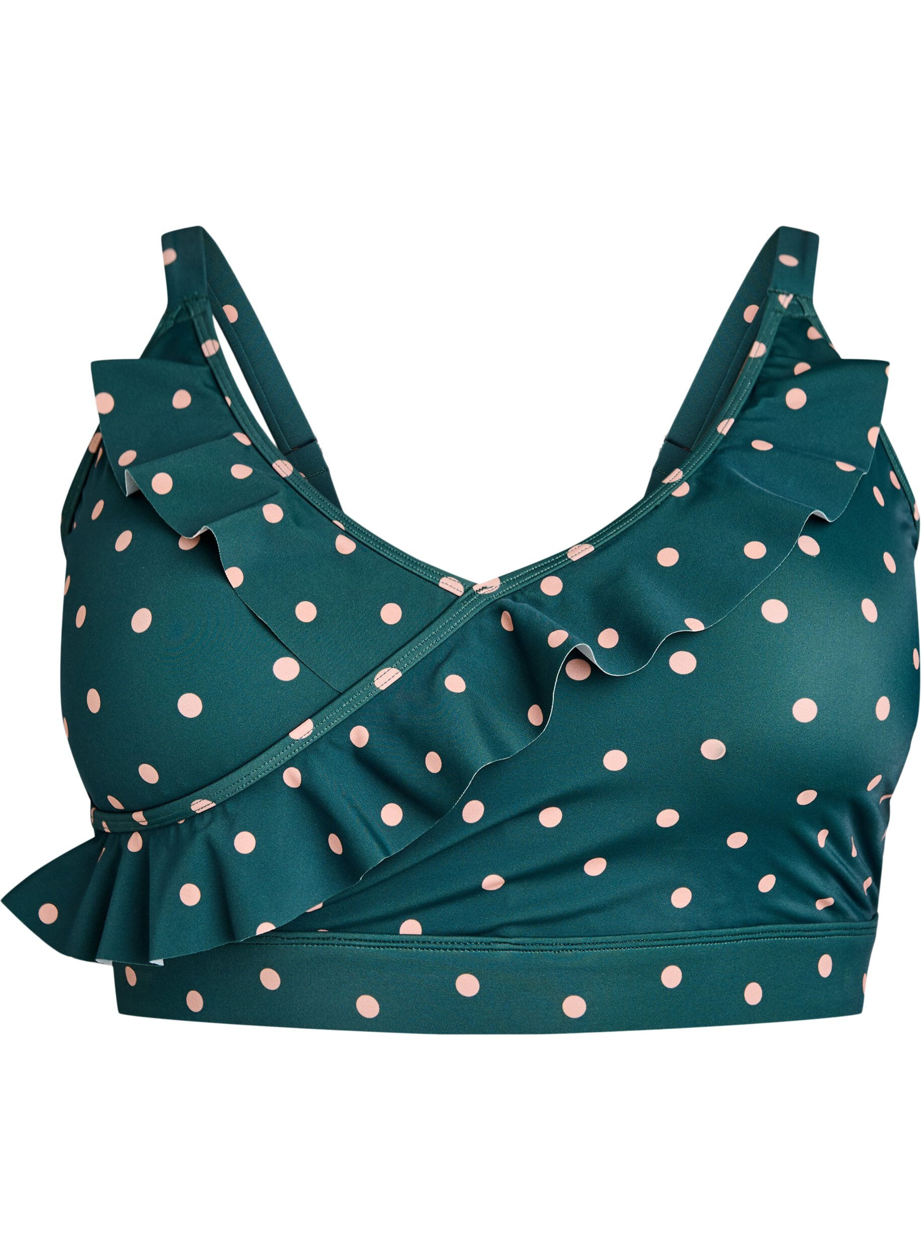Zizzifashion Bikini top with polka dots and ruffle details, Green, Packshot image number 0
