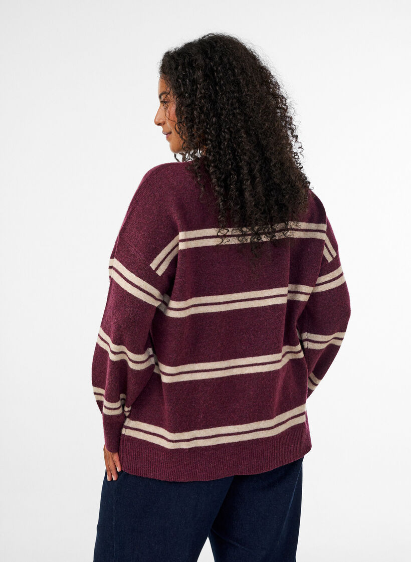 Knitted blouse with double contrast stripes, Red, Model image number 2
