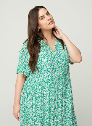 Short-sleeve viscose midi dress, Green W. Flower, Model image number 2