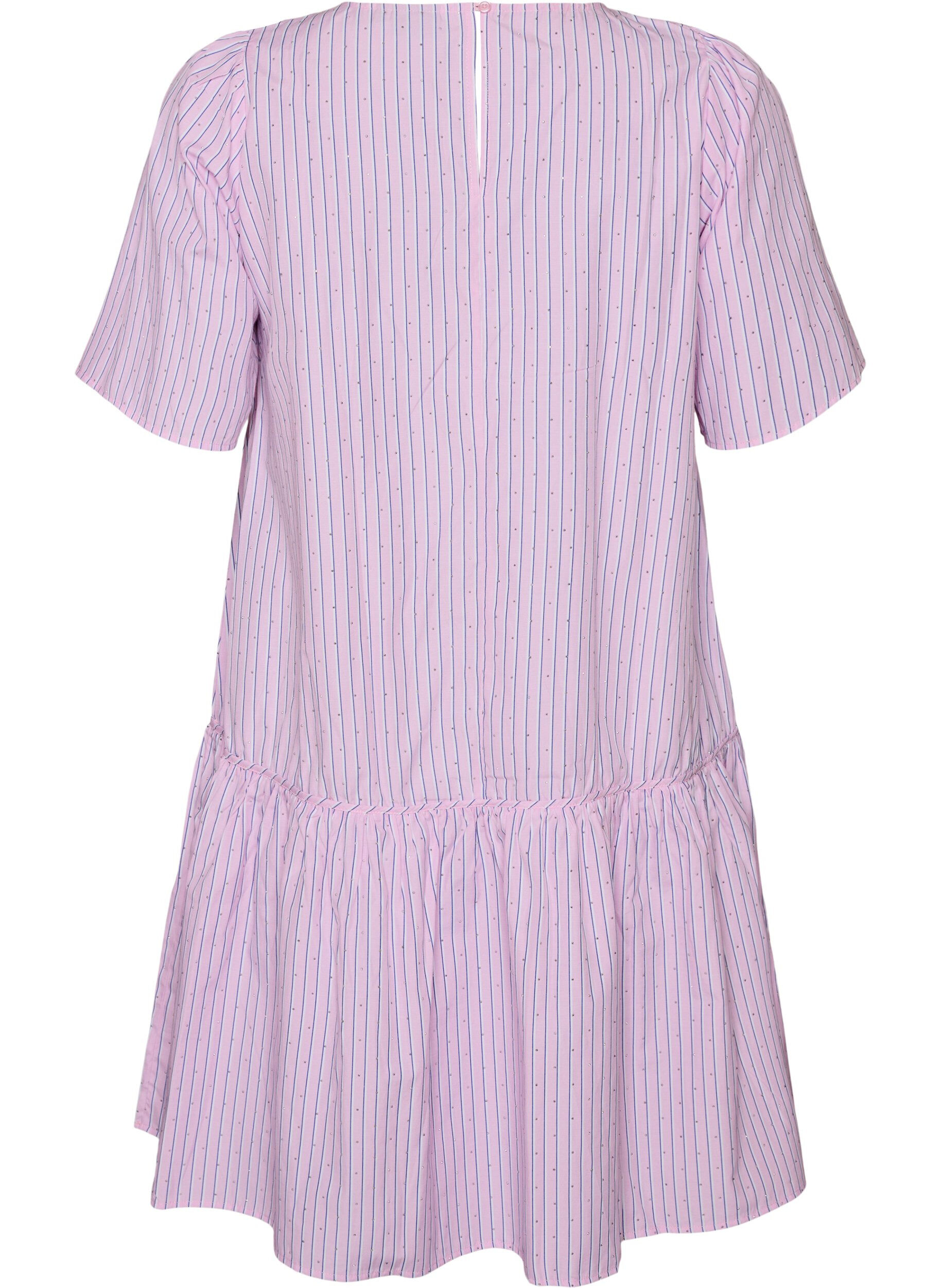 Zizzifashion Knee-length striped dress with stones and puff sleeves, Pink, Packshot image number 1