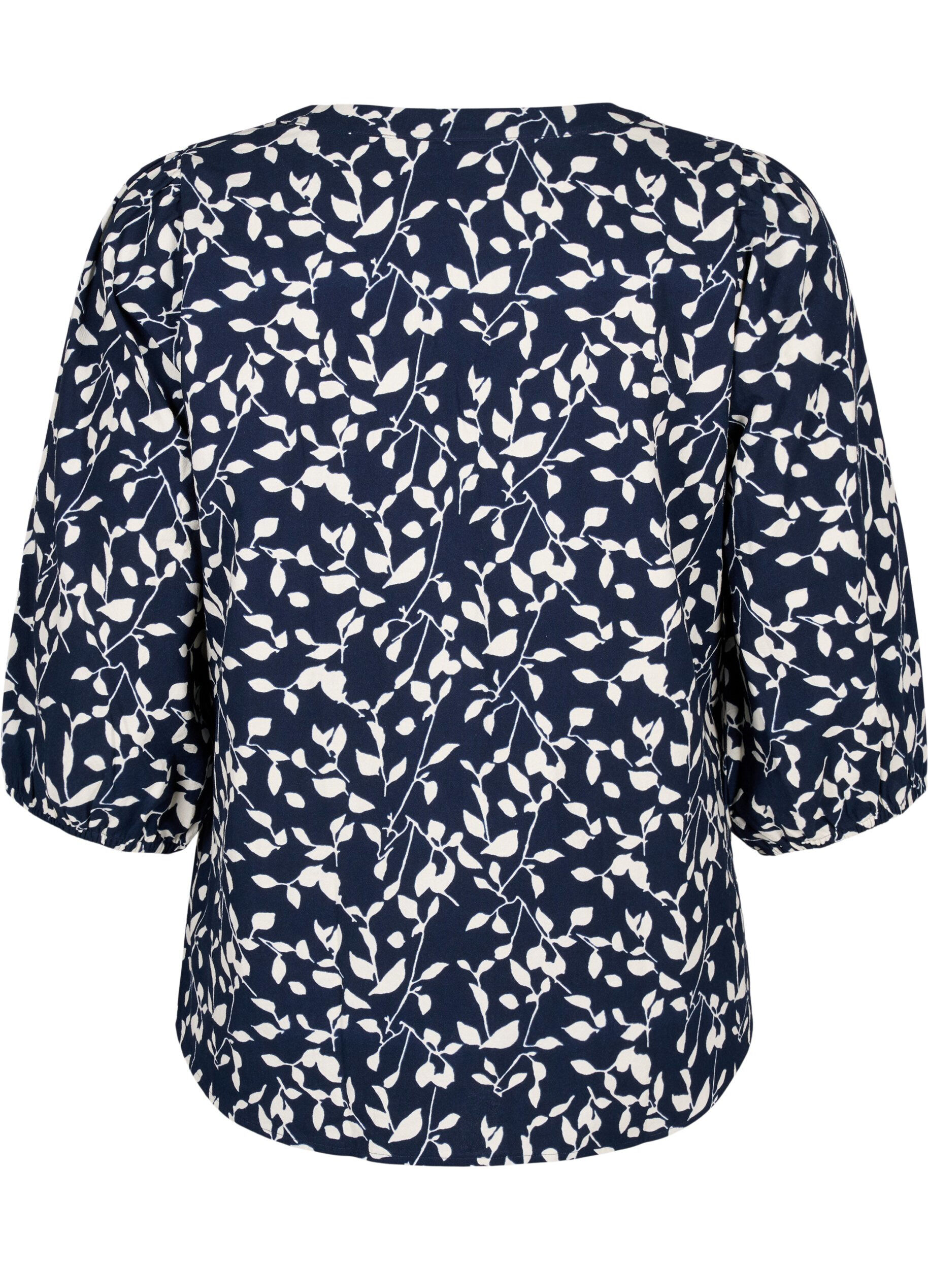 Zizzifashion 3/4 sleeve cotton Blouse with print, Navy Blazer Leaf, Packshot image number 1