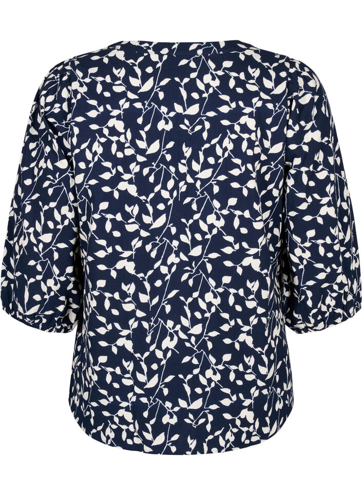 3/4 sleeve cotton Blouse with print, Navy Blazer Leaf, Packshot image number 1