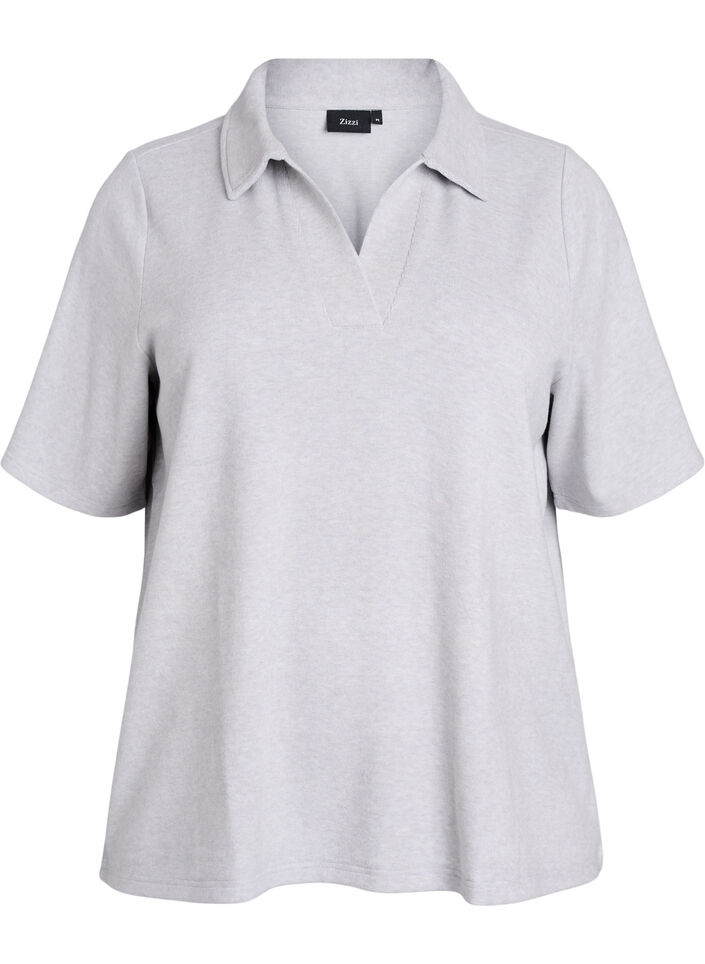Jersey blouse with collar and short sleeves, Grey, Packshot image number 0