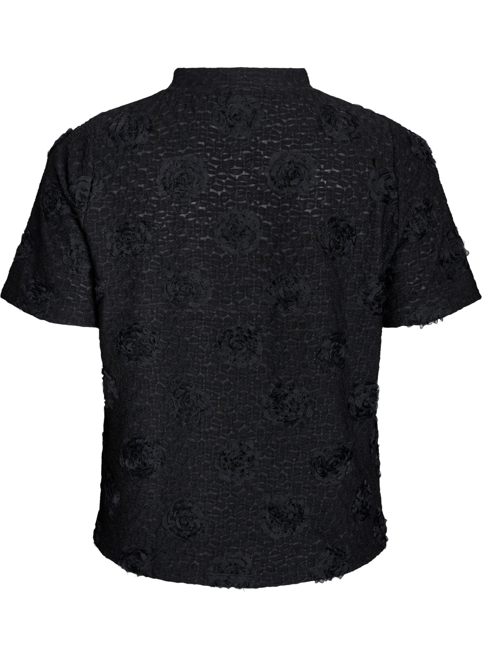 Zizzifashion Blouse with 3D flowers and short sleeves, Black, Packshot image number 1