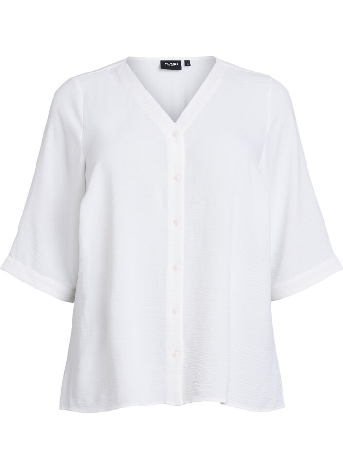 Shirt Blouse with V-Neck and 3/4 Sleeves, Vanilla, Packshot image number 0
