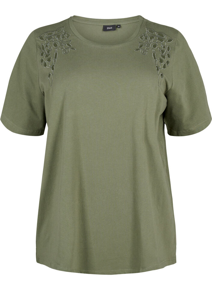 Organic cotton T-shirt with embroidery details, Thyme, Packshot image number 0
