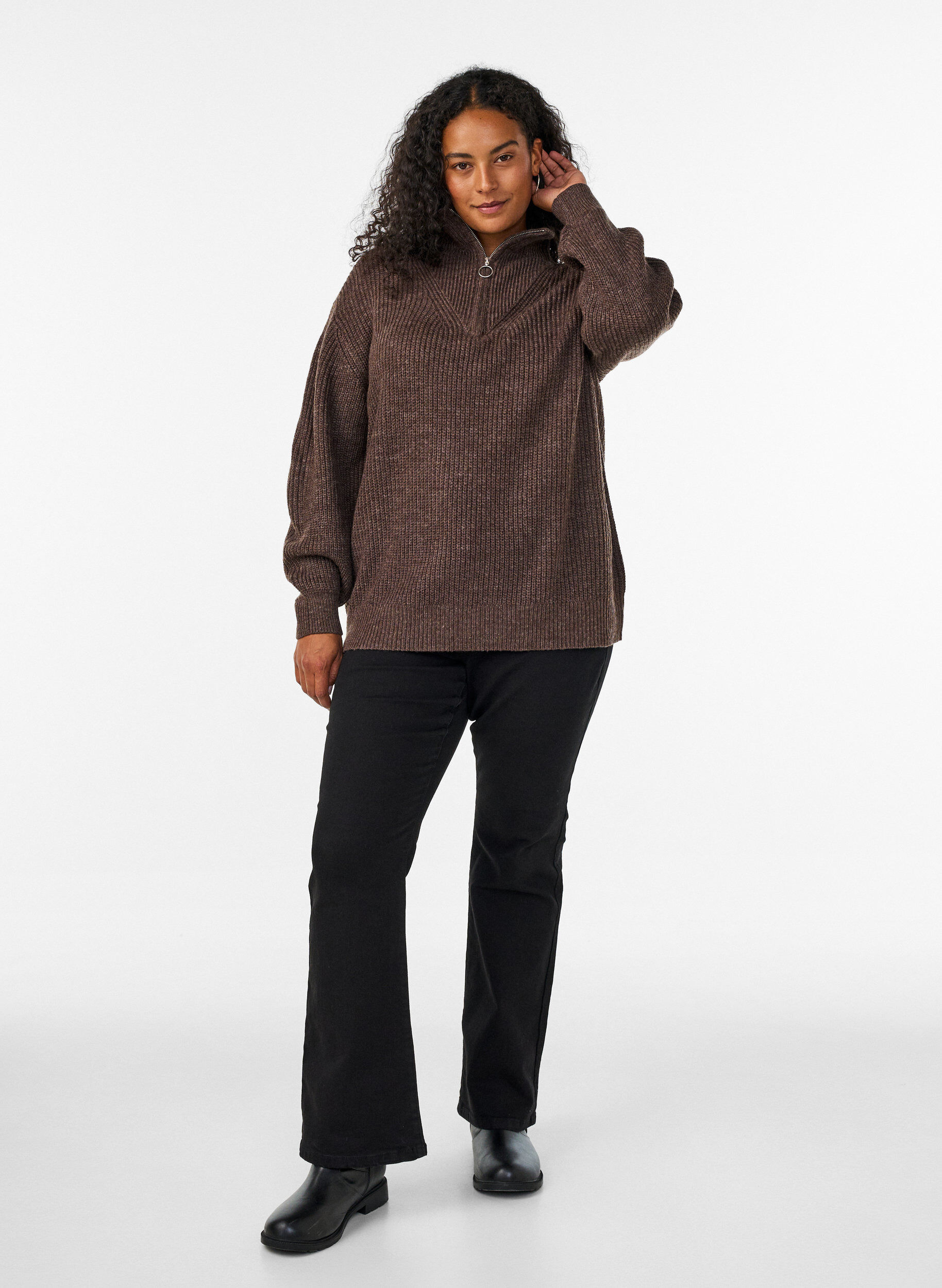 ZizzifashionKnitted sweater with high neck and zipper, Brown, Model image number 1