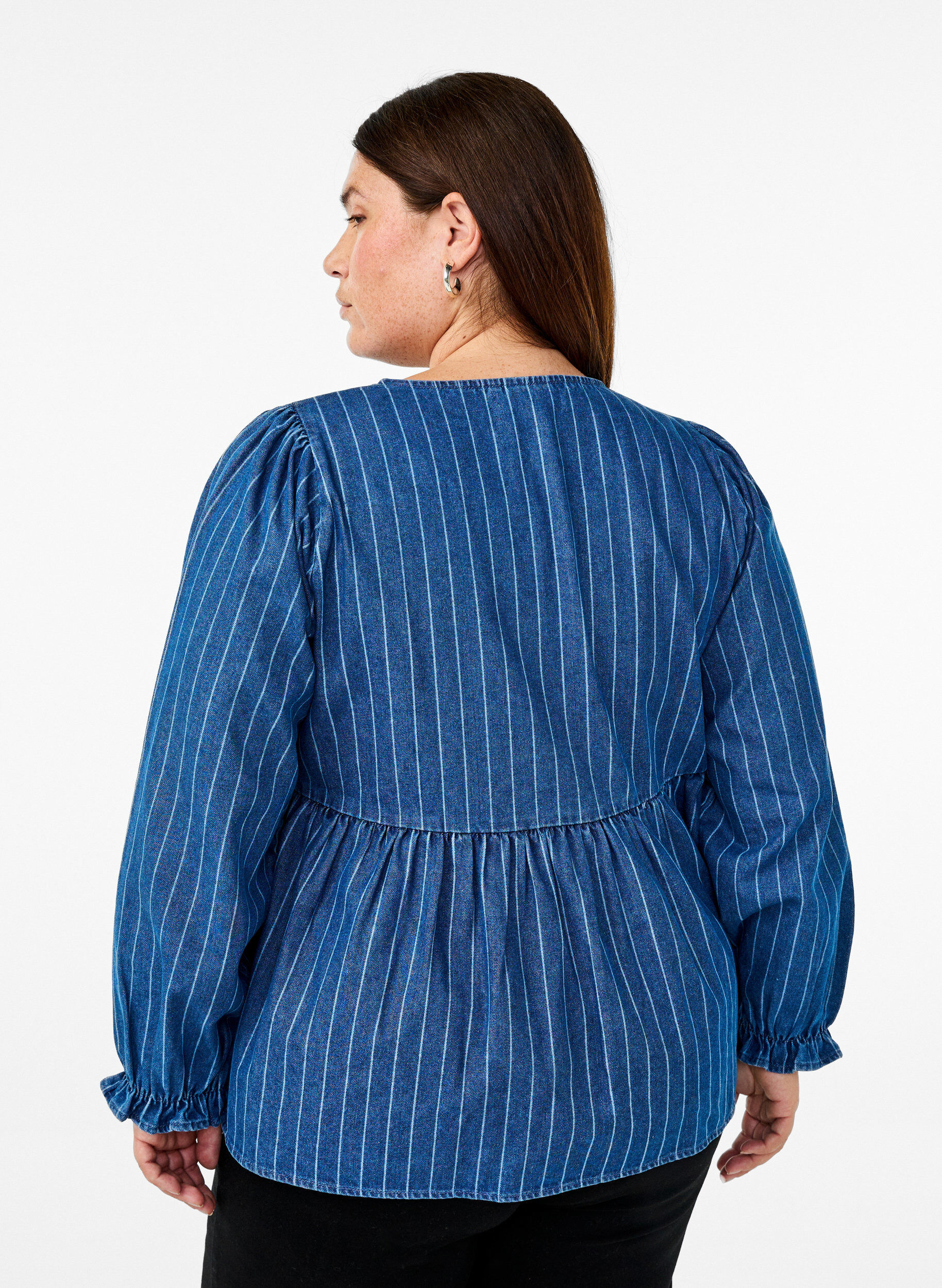 Zizzifashion Striped denim blouse with front tie, Blue, Model image number 2