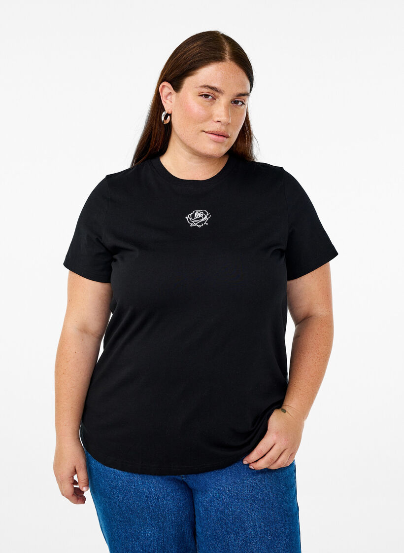 Cotton T-shirt with embroidery detail, Black, Model image number 0