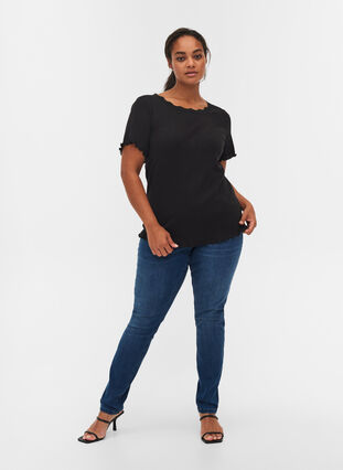 Short-sleeved, ribbed t-shirt with lace trim, Black, Model image number 3