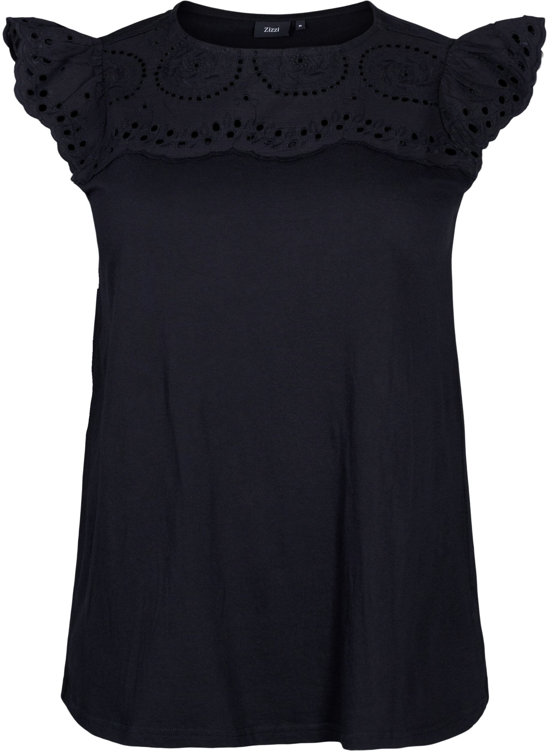 Zizzifashion Organic cotton T-shirt with broderie anglaise, Black, Packshot image number 0