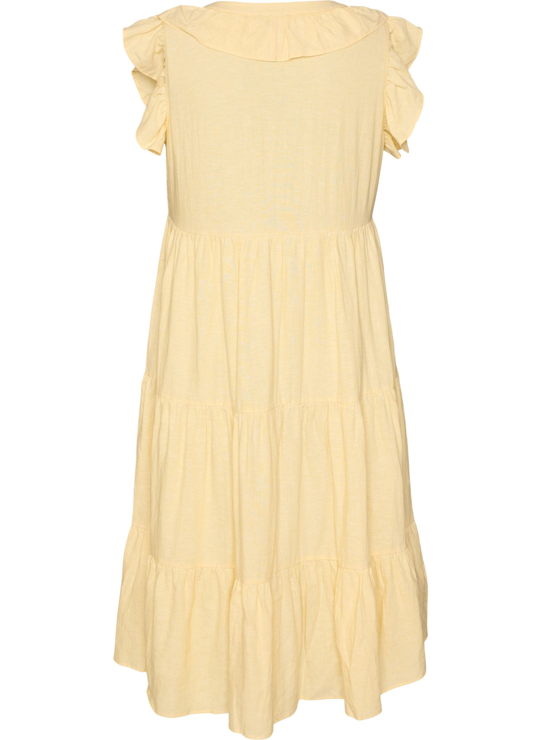 Zizzifashion Sleeveless midi dress in linen and viscose with ruffles, Yellow, Packshot image number 1