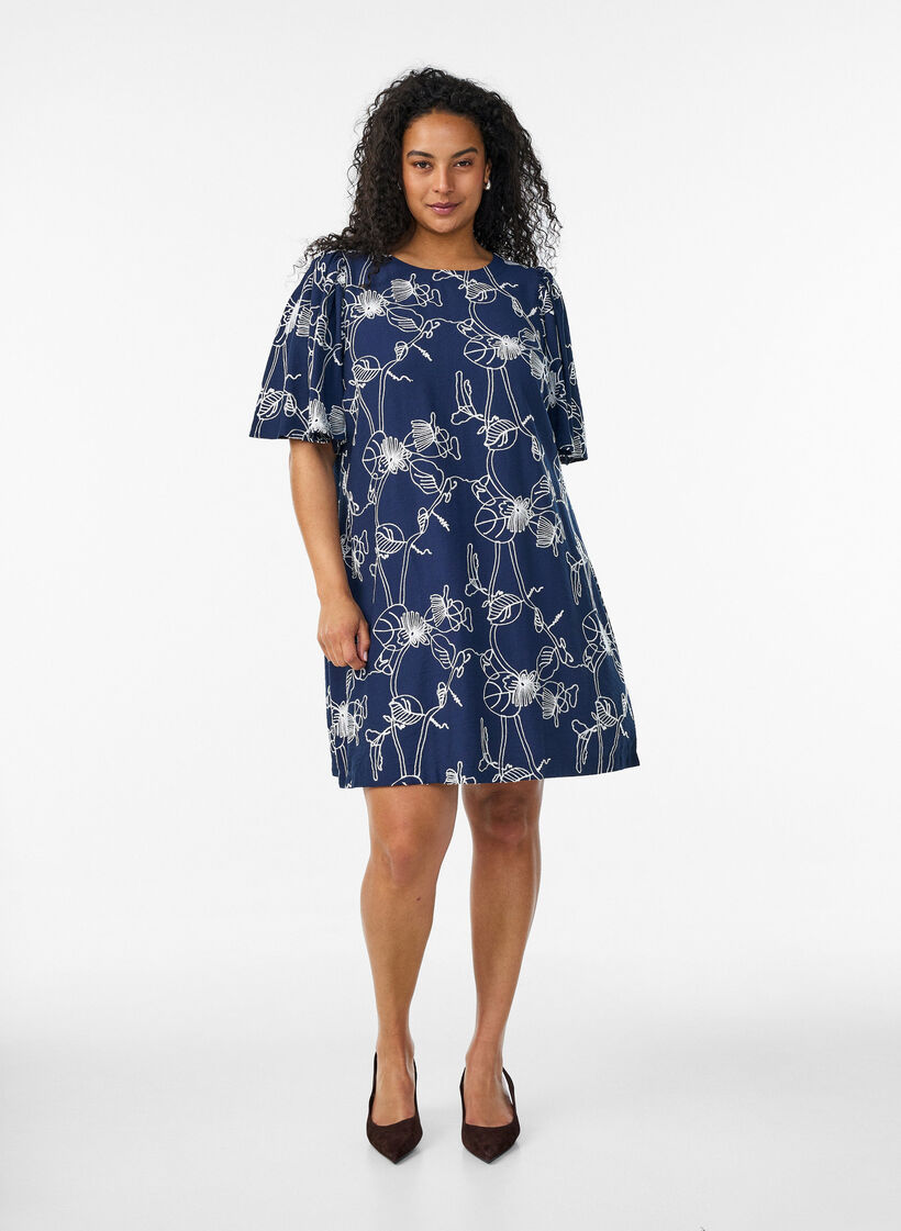 Short A-line dress with embroidered pattern, Blue, Model image number 1