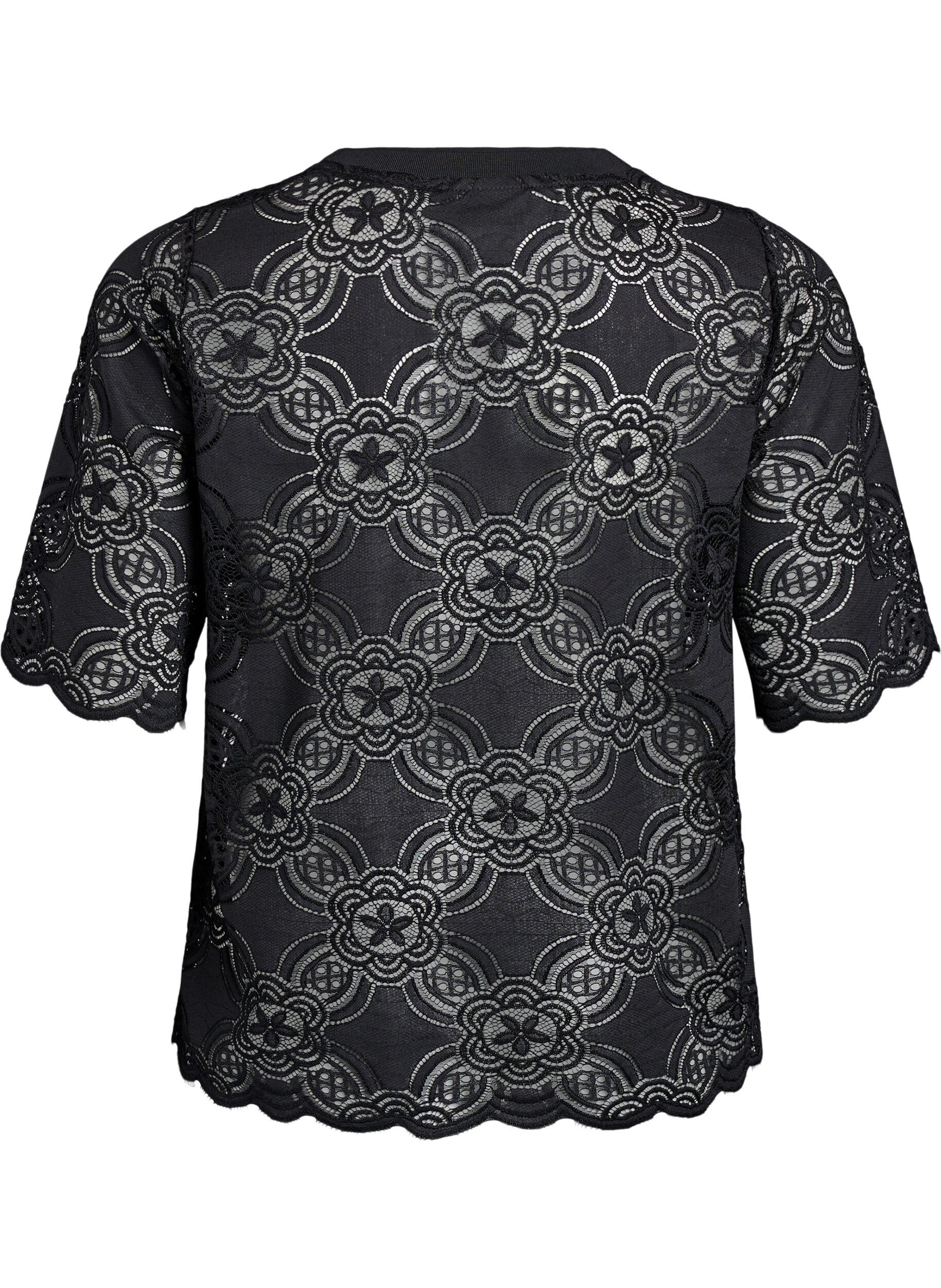 Zizzifashion Lace blouse with a graphic pattern and 1/2-length sleeves, Black, Packshot image number 1