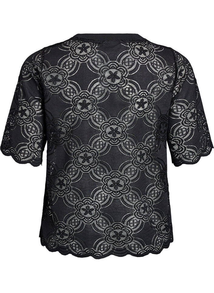 Lace blouse with a graphic pattern and 1/2-length sleeves, Black, Packshot image number 1