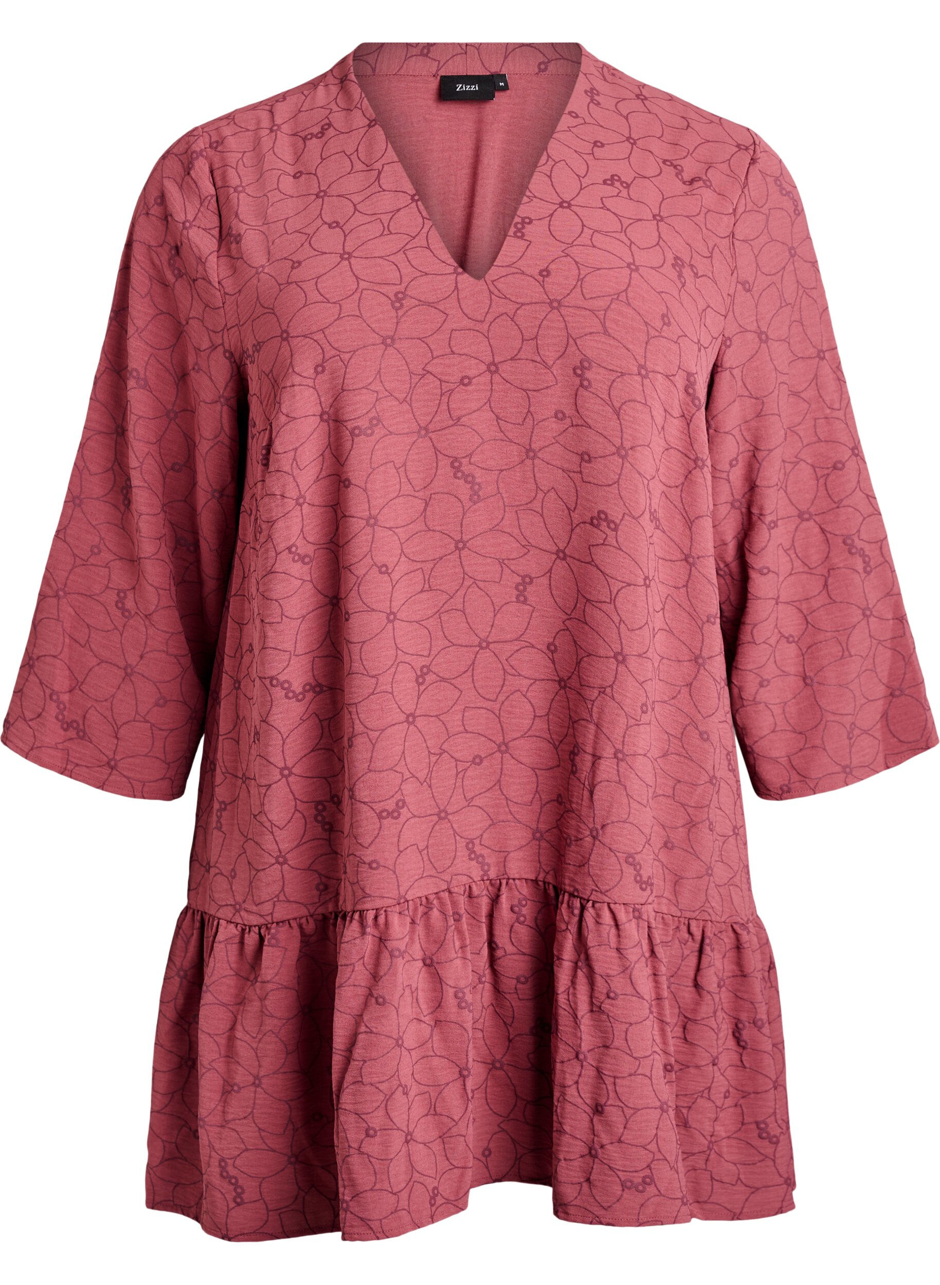 Tunic with embroidered floral pattern and 3/4 sleeves