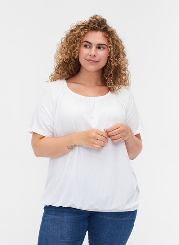 Short-sleeved viscose t-shirt with elastic, Bright White, Model image number 0