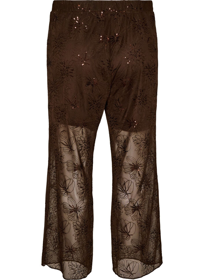 Mesh trousers with floral embroidery and sequins, Brown, Packshot image number 1