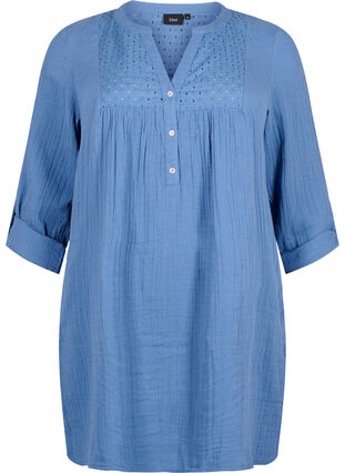 Tunic in cotton with embroidery anglaise, Moonlight Blue, Packshot image number 0