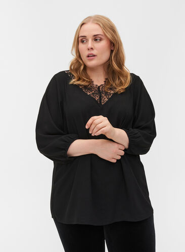 Solid-coloured 3/4 sleeve blouse with lace, Black, Model image number 0