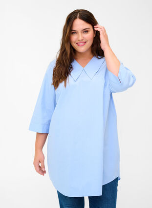 Cotton tunic with large collar, Blue Heron, Model image number 0
