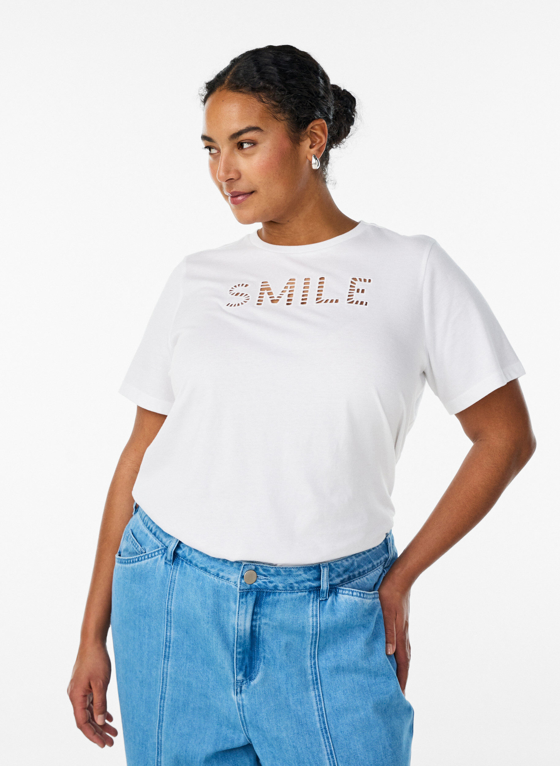 Cotton T-shirt with embroidered text, White, Model