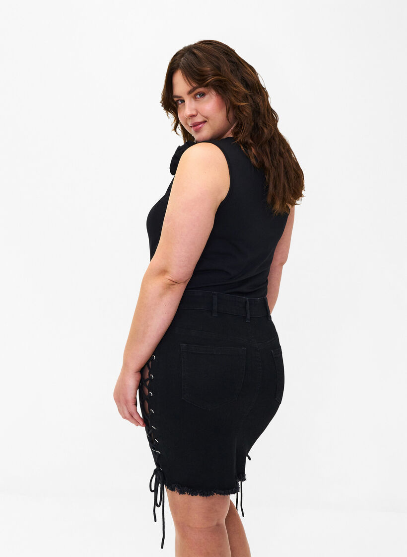 Short denim skirt with lace-up details, Black, Model image number 1