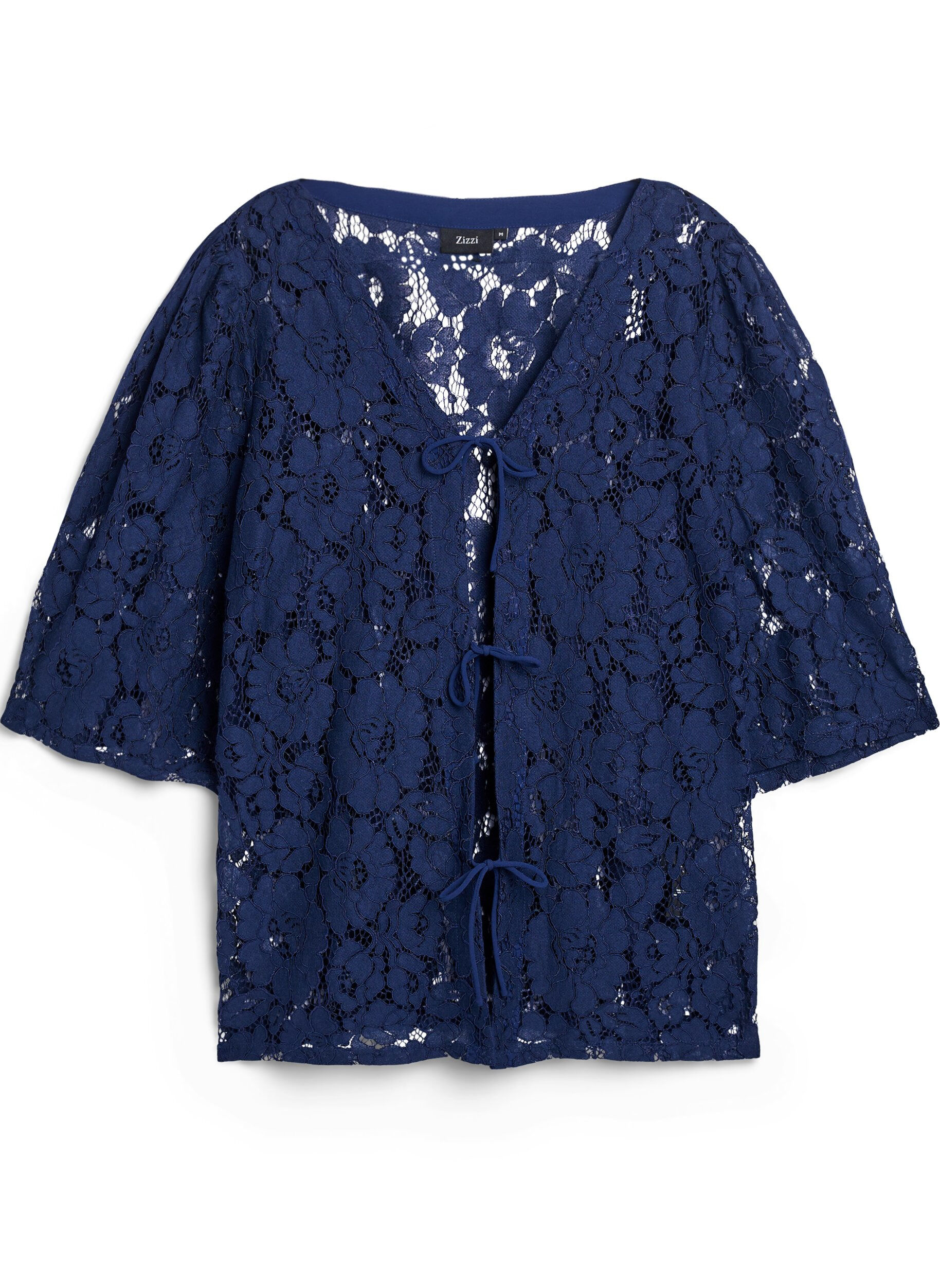 Zizzifashion Lace blouse with 3/4 sleeves and bows on the front, Blue, Packshot image number 0