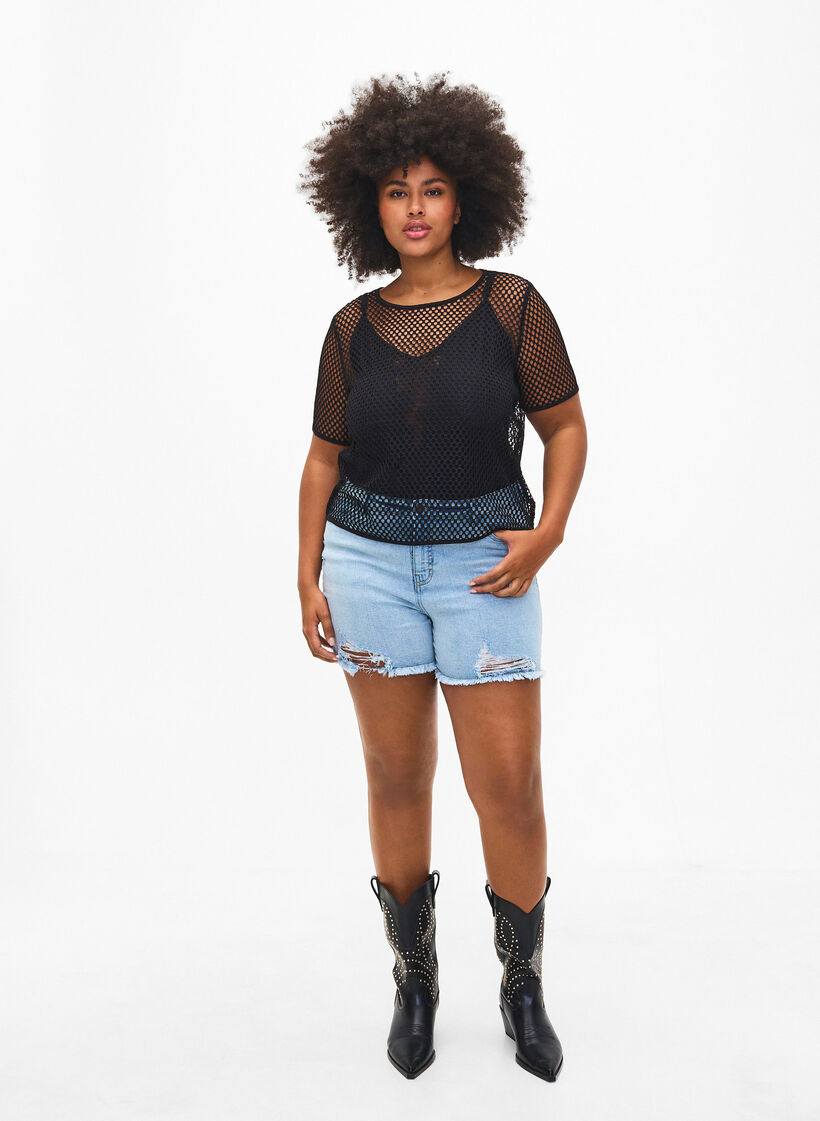 Mesh blouse with short sleeves, Black, Model image number 2