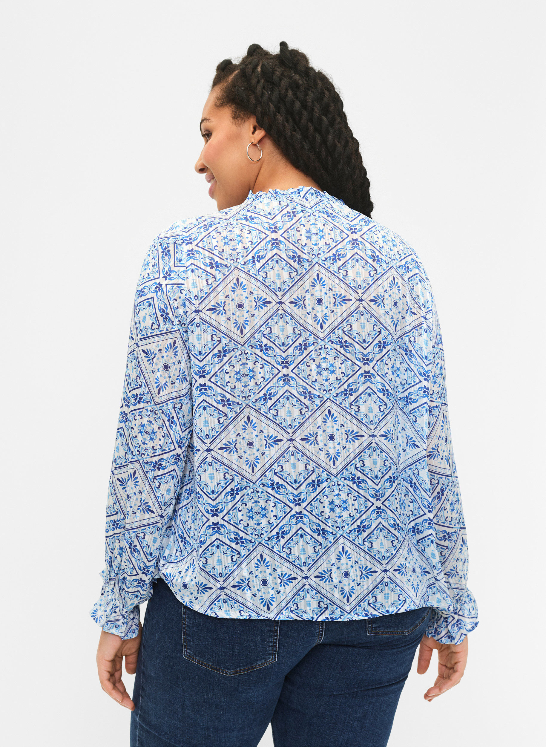 Zizzifashion Long sleeve blouse with ruffles and print, Beige, Model image number 2