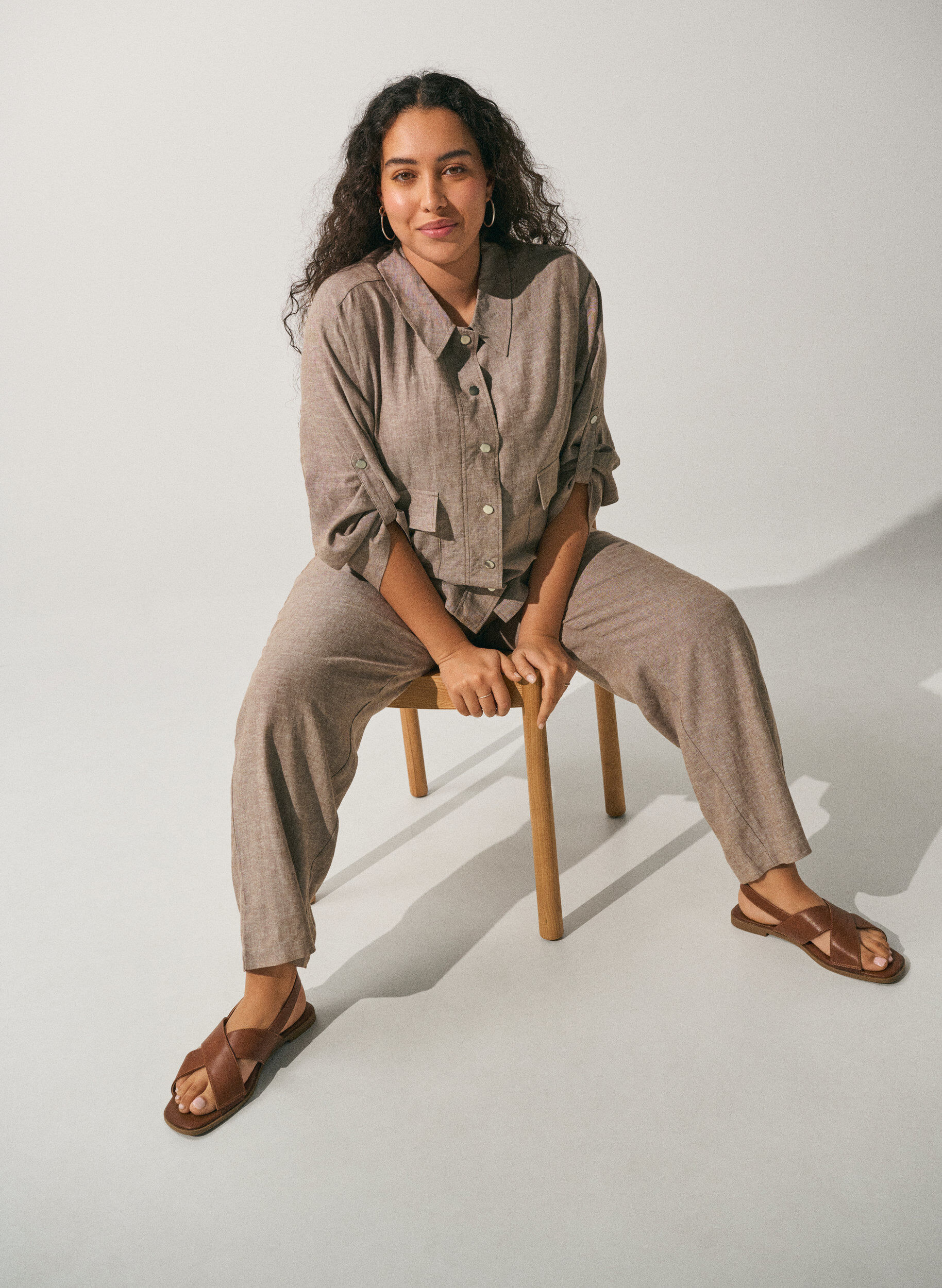 Zizzifashion Linen and viscose shirt blouse with an adjustable waist, Brown, Image image number 0