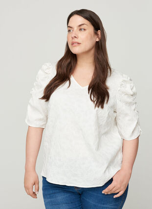 Textured puff sleeve blouse, Snow White, Model image number 0