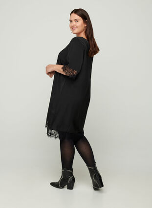 Short-sleeved dress with lace details, Black, Model image number 1