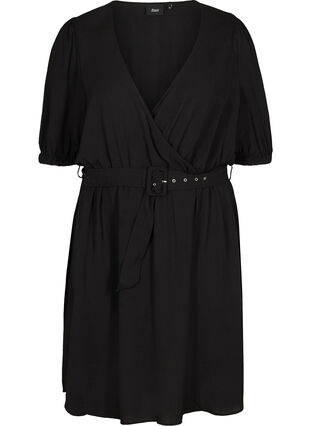 Short-sleeved dress with a belt, Black, Packshot image number 0