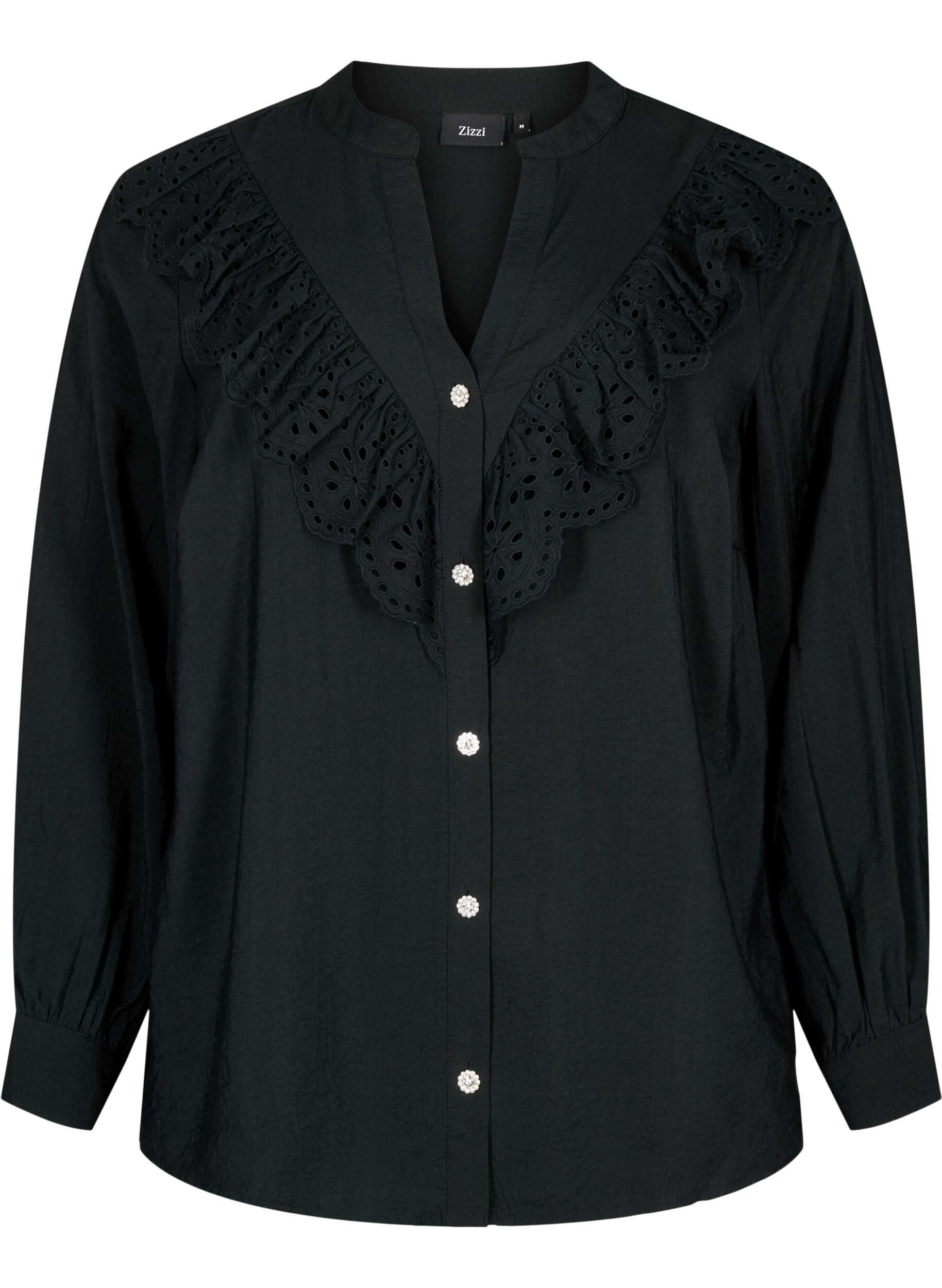 Zizzifashion Viscose shirt blouse with ruffles, Black, Packshot image number 0