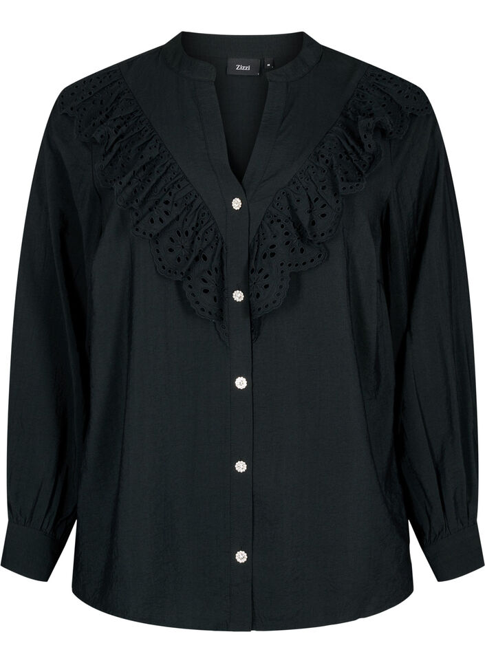 Viscose shirt blouse with ruffles, Black, Packshot image number 0