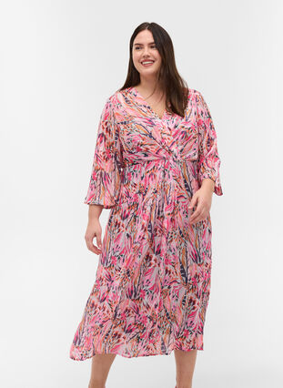 Printed midi dress with v-neck and 3/4 sleeves, Pink Feather, Model image number 0