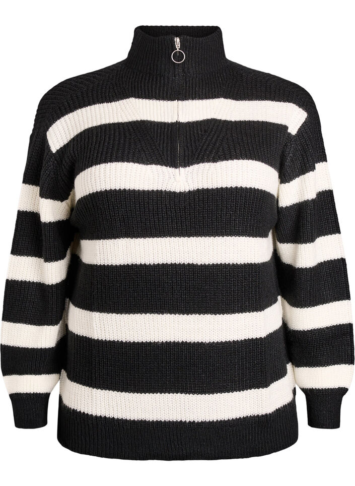 Knitted sweater with high neck and zipper, Black, Packshot image number 0