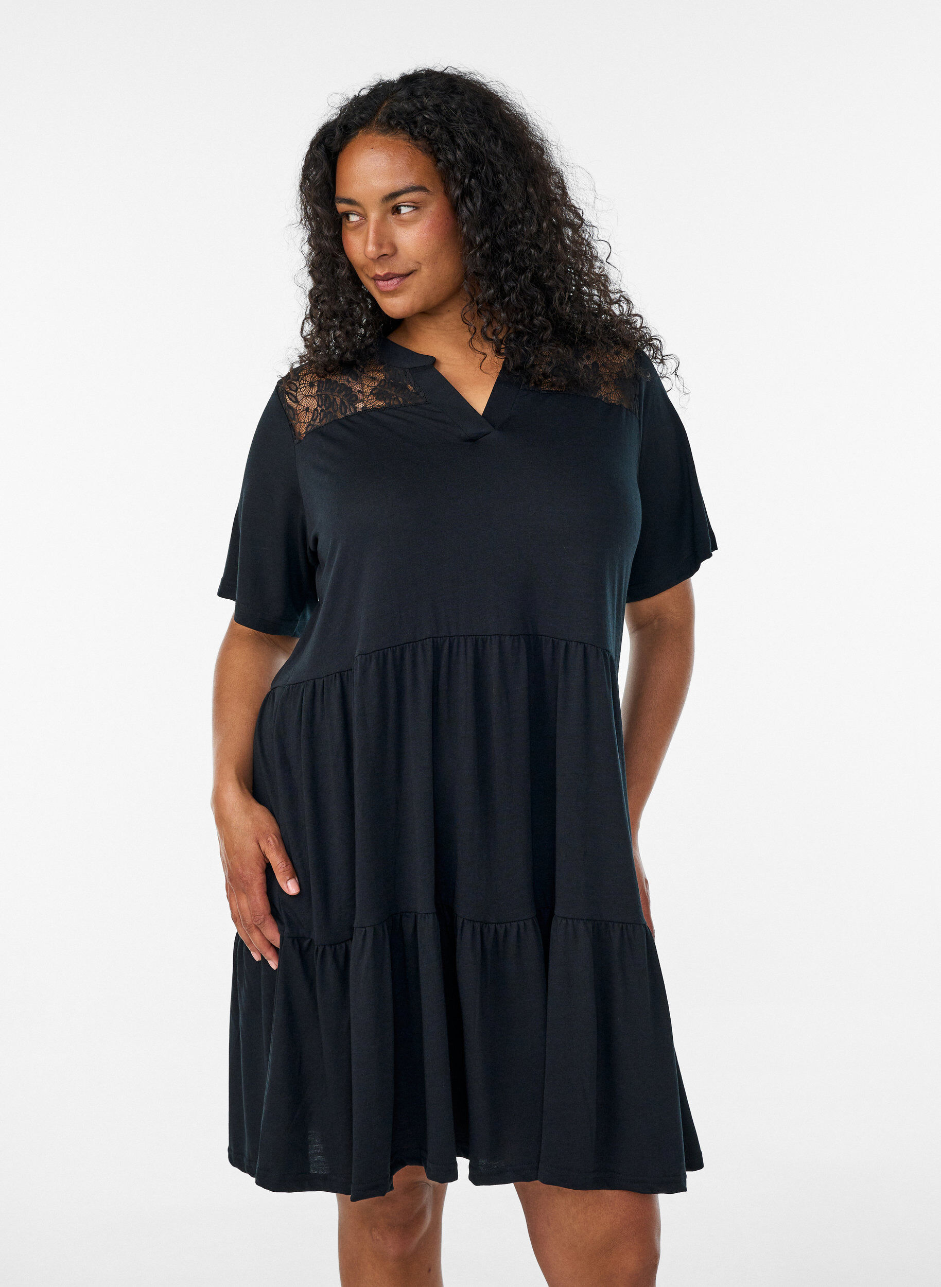 Zizzifashion Jersey dress with lace details and a layered skirt, Black, Model image number 0