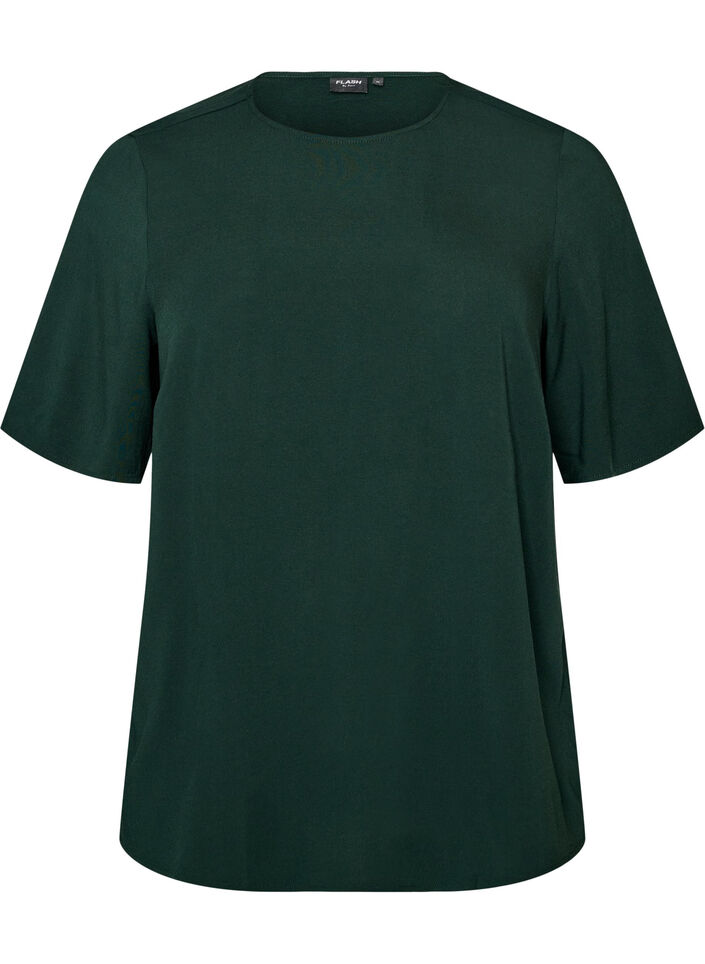 Short-sleeved woven blouse with round neck, Green, Packshot image number 0