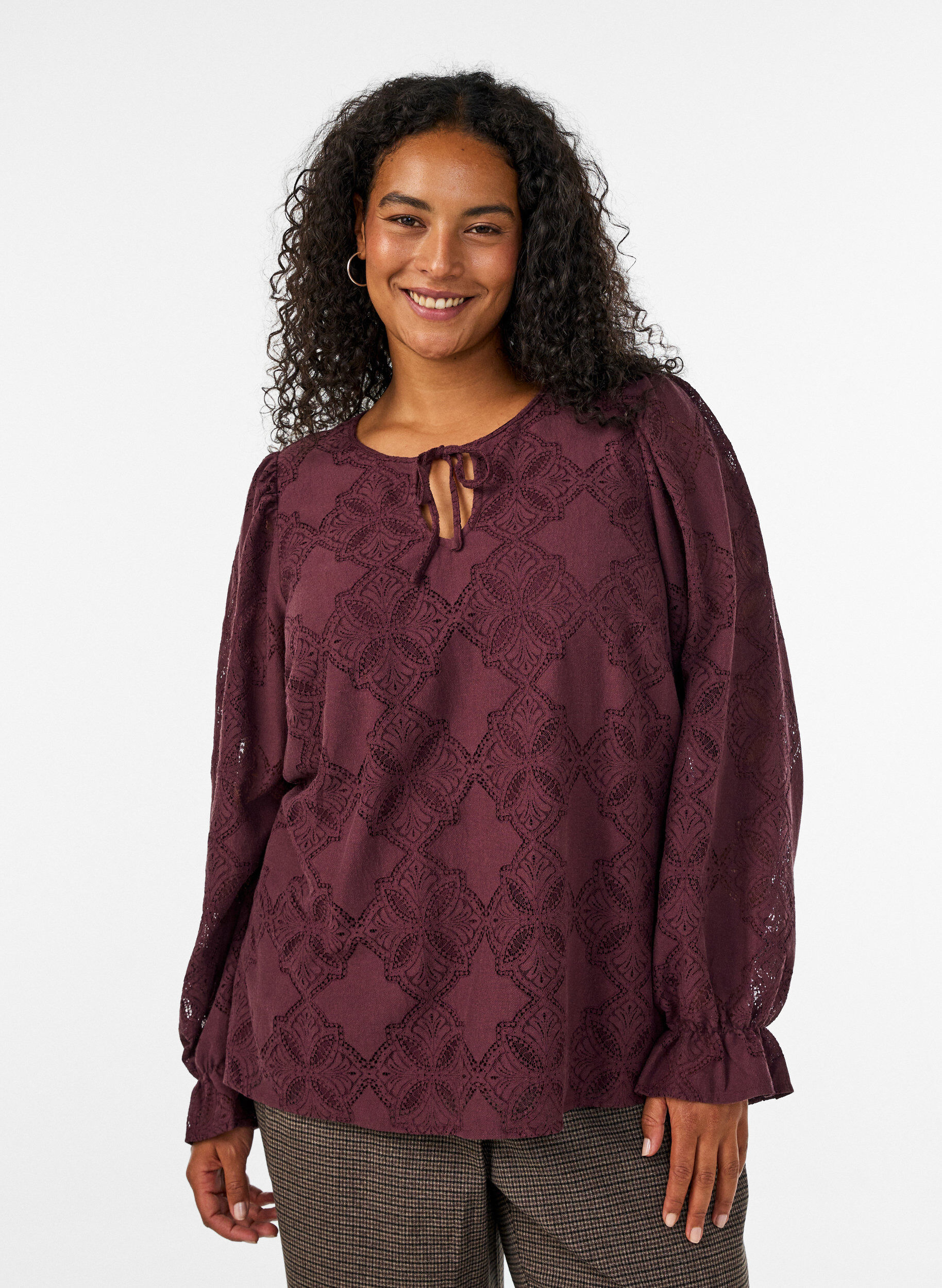 ZizzifashionLong-sleeved blouse with lace pattern, Dark Bordeaux, Model image number 0